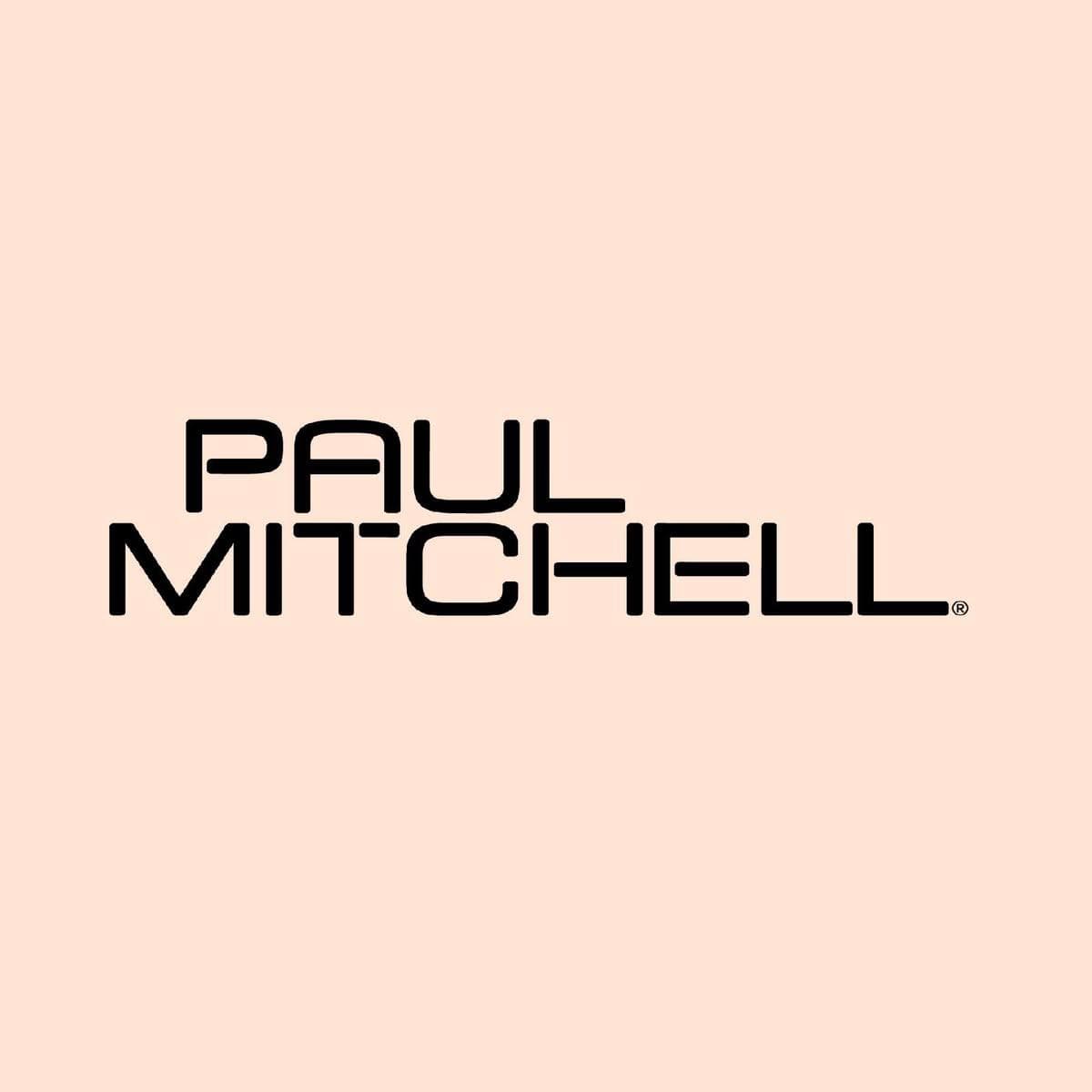 Логотип Paul Mitchell — чёрная надпись на нежно-розовом фоне